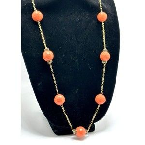 Vtg J Crew Necklace Coral/Orange Faceted Beads Rhinestone Accents/Gold tone 35"